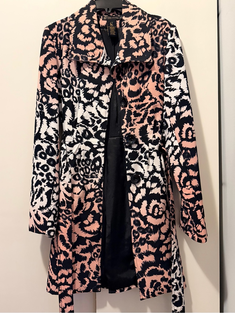 Grass Collection Pink Black White Leopard-Print Trench Coat with Belt